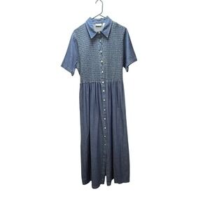 Traditions‎ Denim Maxi Dress 16 Cotton Smocked Bodice Button Front Cottagecore